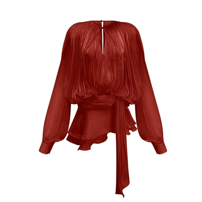 RUFFLED PLEATED LONG SLEEVE MINI DRESS IN RED