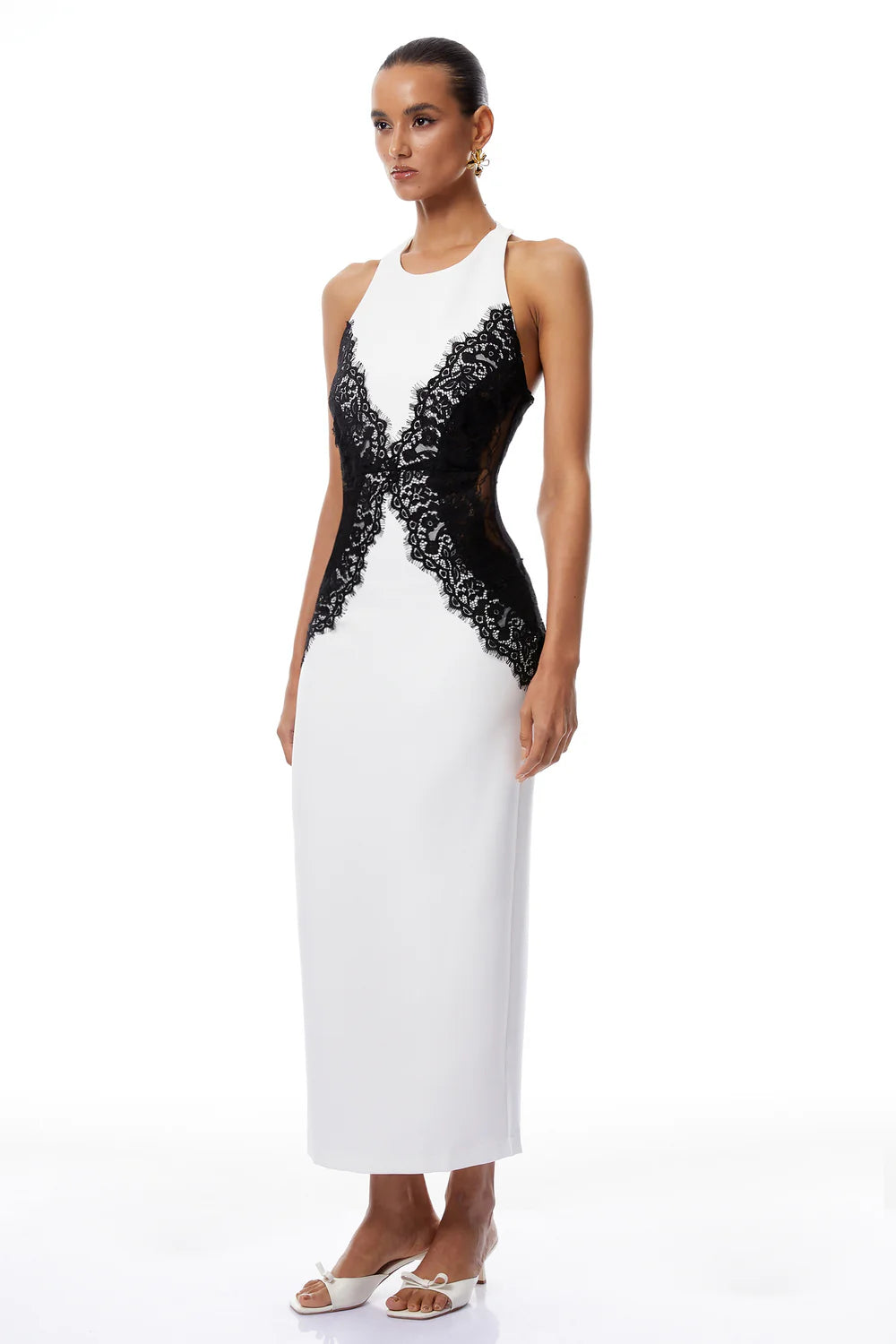Stephane White Halter and Black Lace Panel Maxi Dress