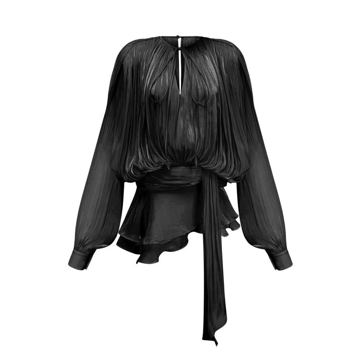 RUFFLED PLEATED LONG SLEEVE MINI DRESS IN BLACK