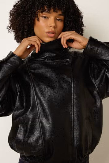 Black High Collar Faux Leather Biker Jacket