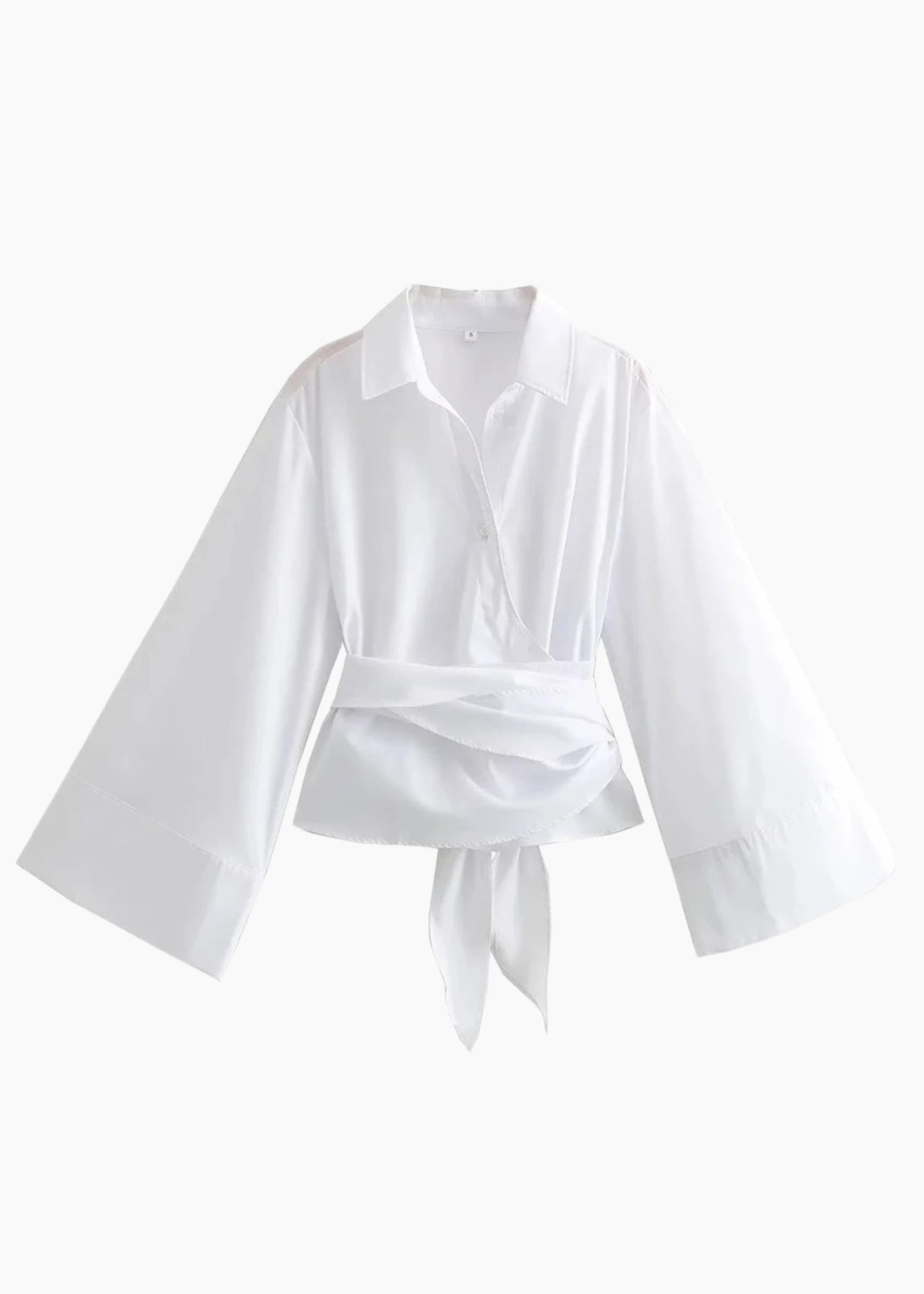 WHITE FLARED SLEEVE WRAP AROUND SHIRT