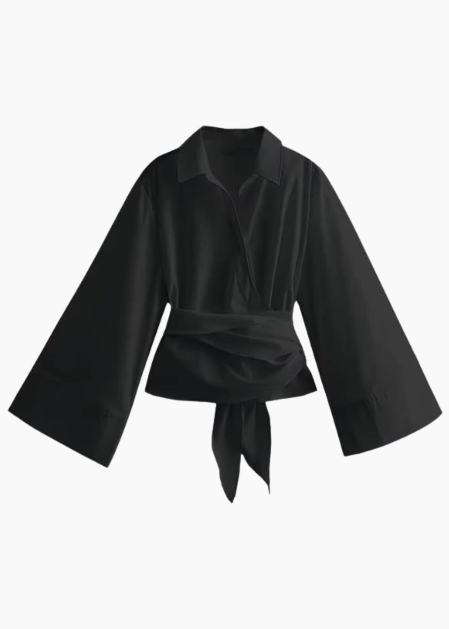 BLACK FLARED SLEEVE WRAP AROUND SHIRT