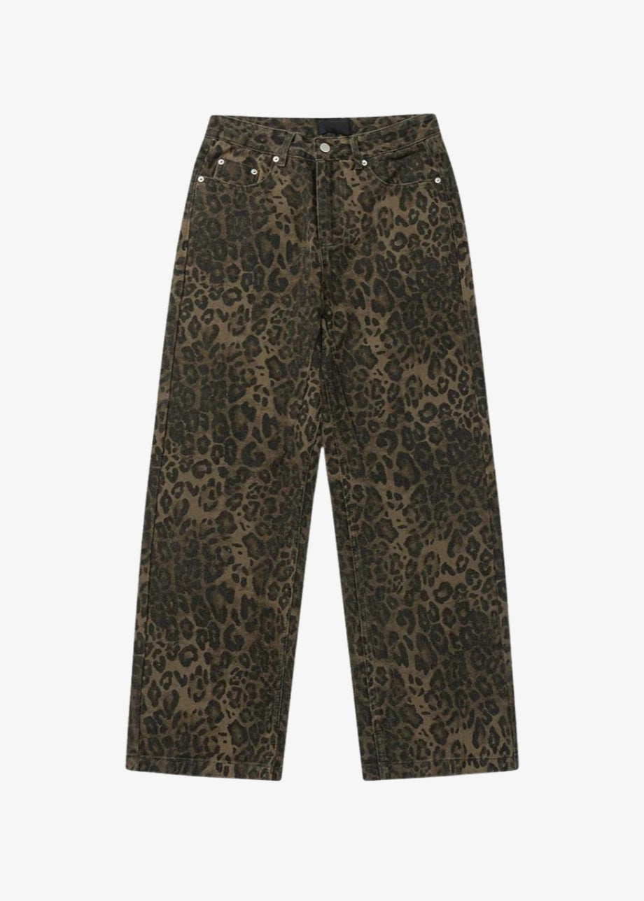 BROWN WASHED LEOPARD PRINT DENIM JEANS