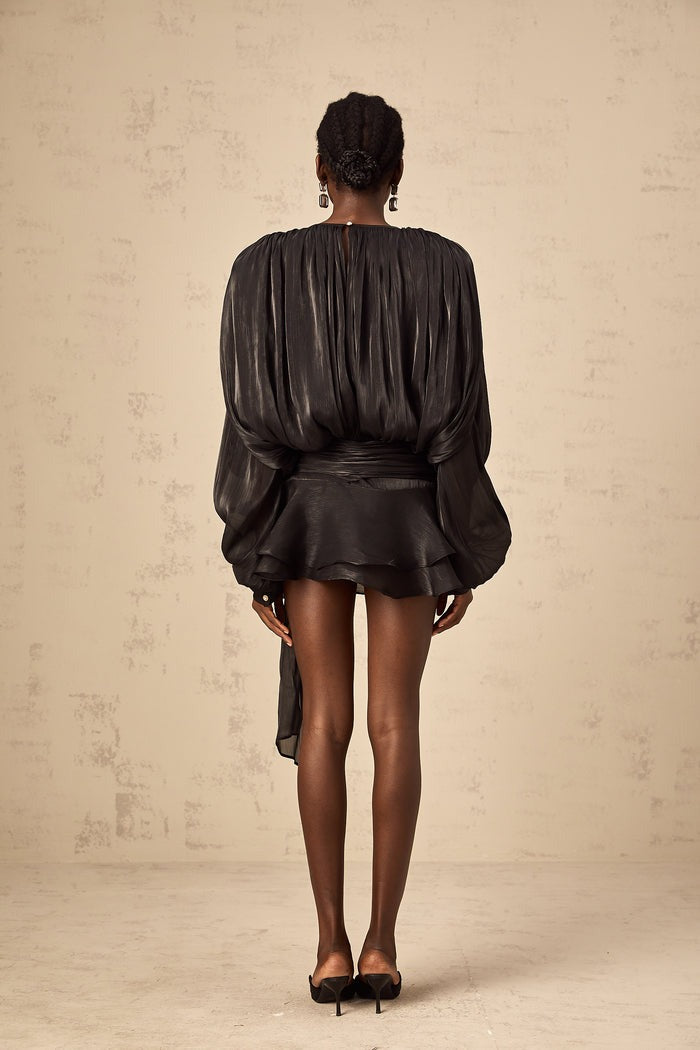RUFFLED PLEATED LONG SLEEVE MINI DRESS IN BLACK