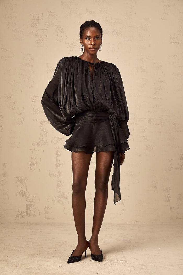 RUFFLED PLEATED LONG SLEEVE MINI DRESS IN BLACK