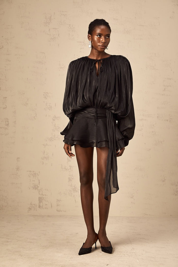 RUFFLED PLEATED LONG SLEEVE MINI DRESS IN BLACK