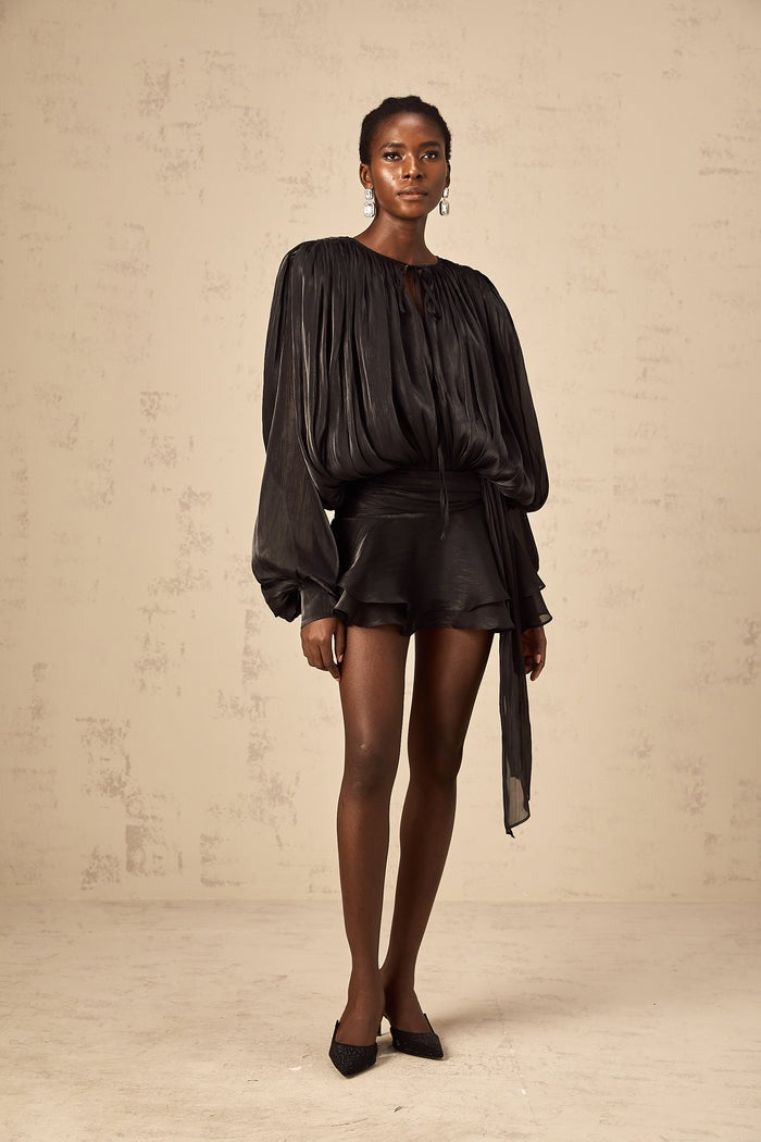 RUFFLED PLEATED LONG SLEEVE MINI DRESS IN BLACK