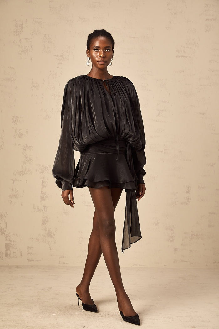 RUFFLED PLEATED LONG SLEEVE MINI DRESS IN BLACK