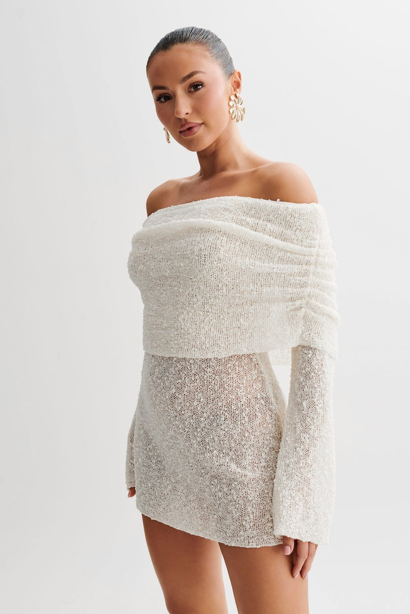 ALBA WHITE KNITTED OFF SHOULDER MINI DRESS
