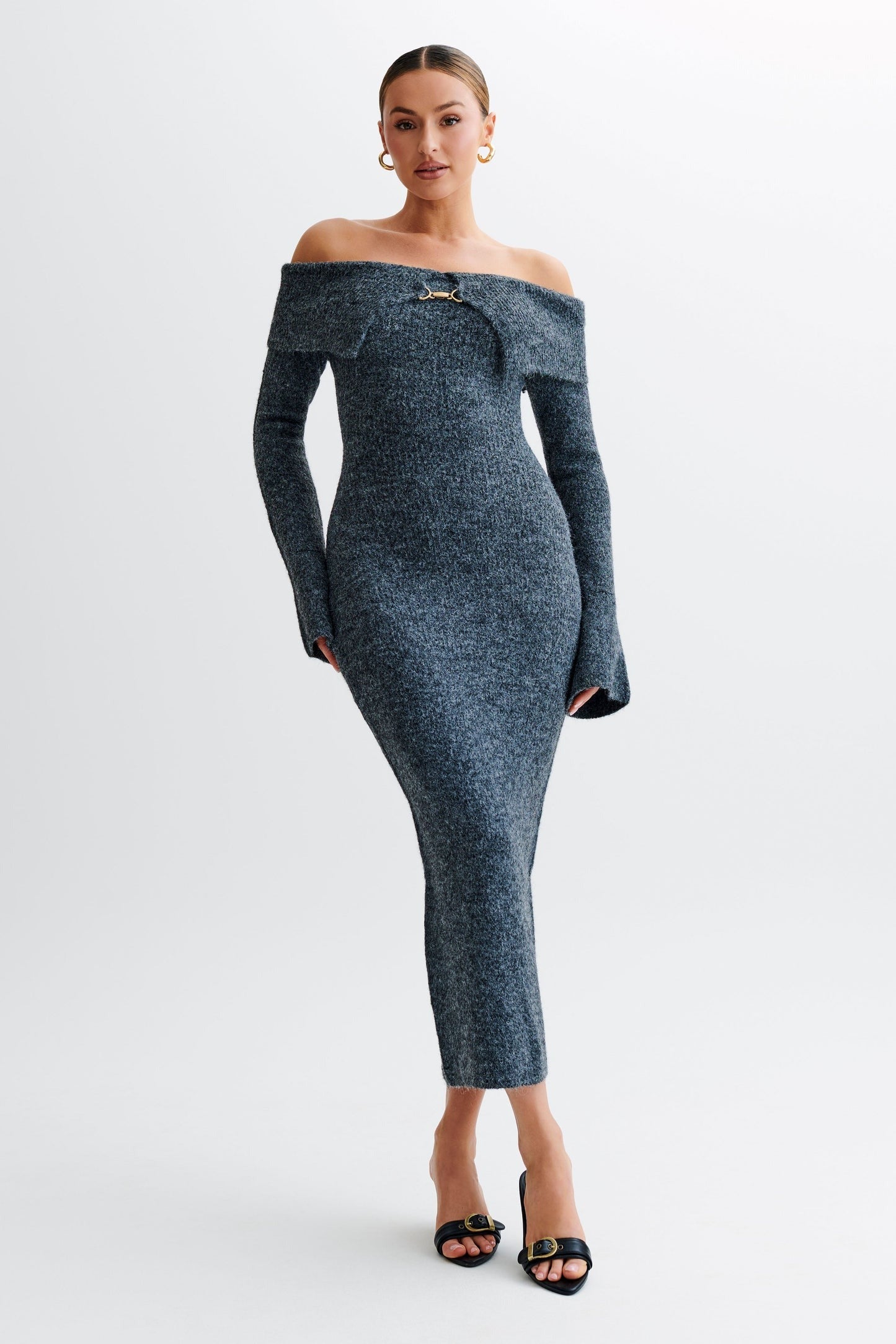 GREY OFF-SHOULDER BUCKLE FLUFFY KNITTED MIDI DRESS