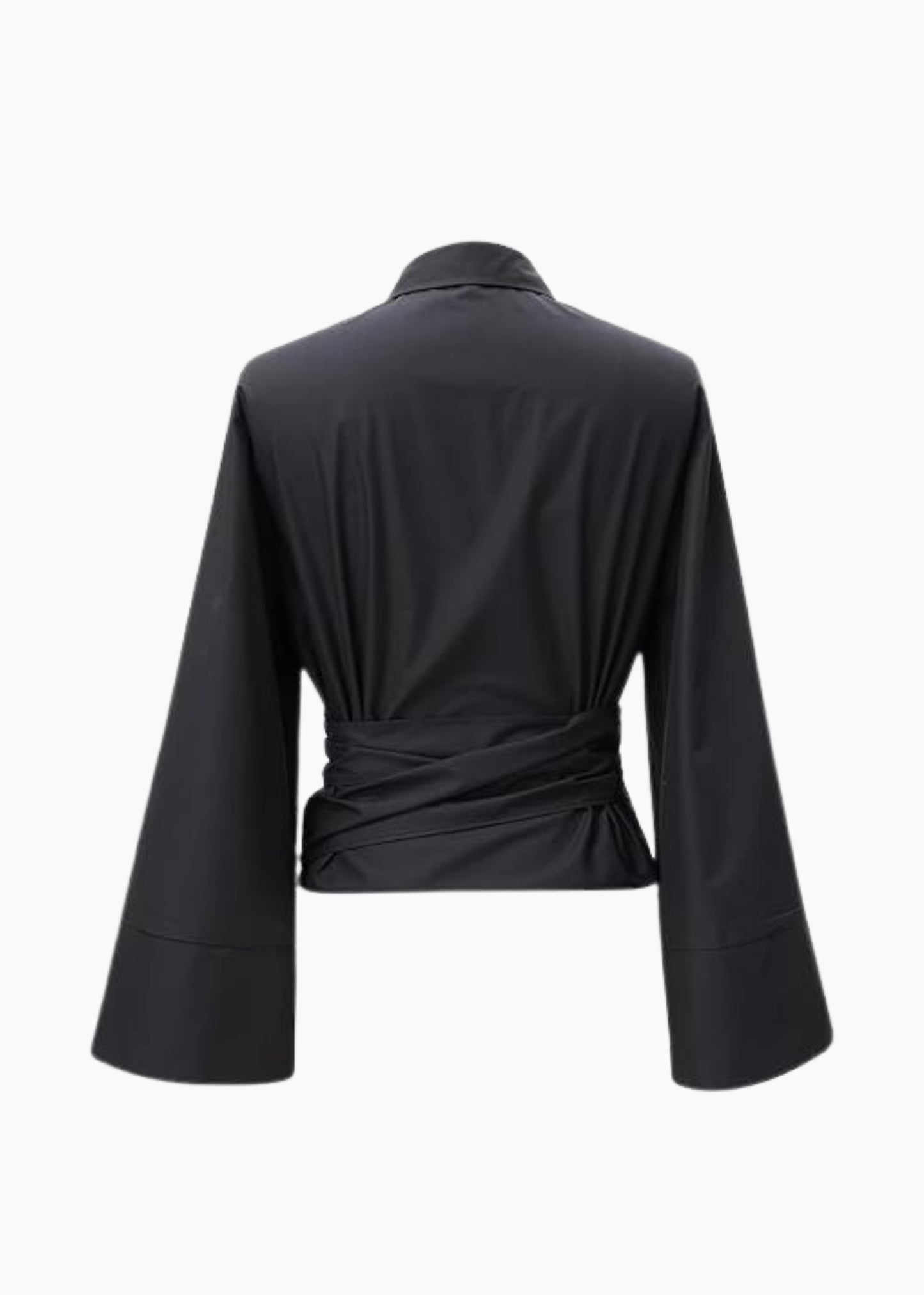 BLACK FLARED SLEEVE WRAP AROUND SHIRT