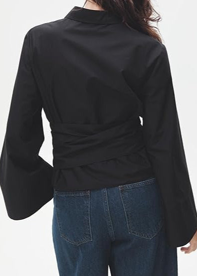 BLACK FLARED SLEEVE WRAP AROUND SHIRT