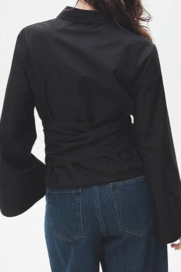 BLACK FLARED SLEEVE WRAP AROUND SHIRT