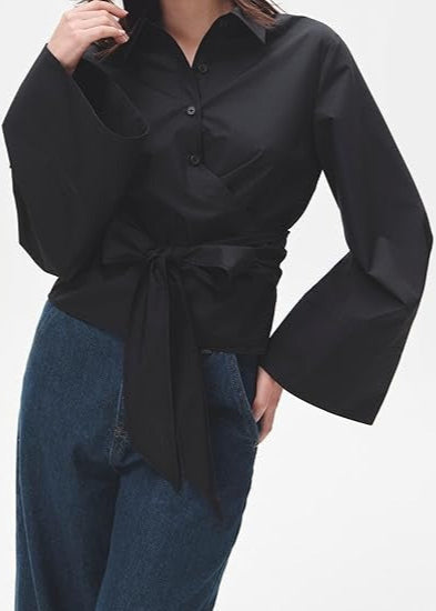 BLACK FLARED SLEEVE WRAP AROUND SHIRT