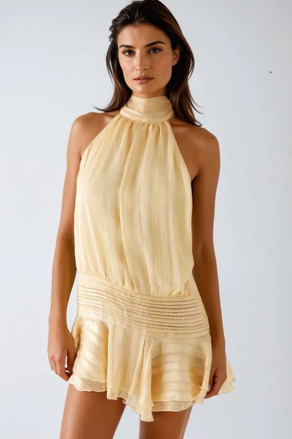 LOXY Halter Neck Yellow Ruch Ruffle Mini Dress