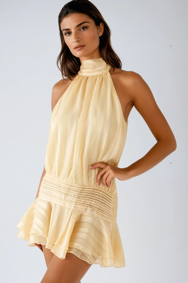 LOXY Halter Neck Yellow Ruch Ruffle Mini Dress