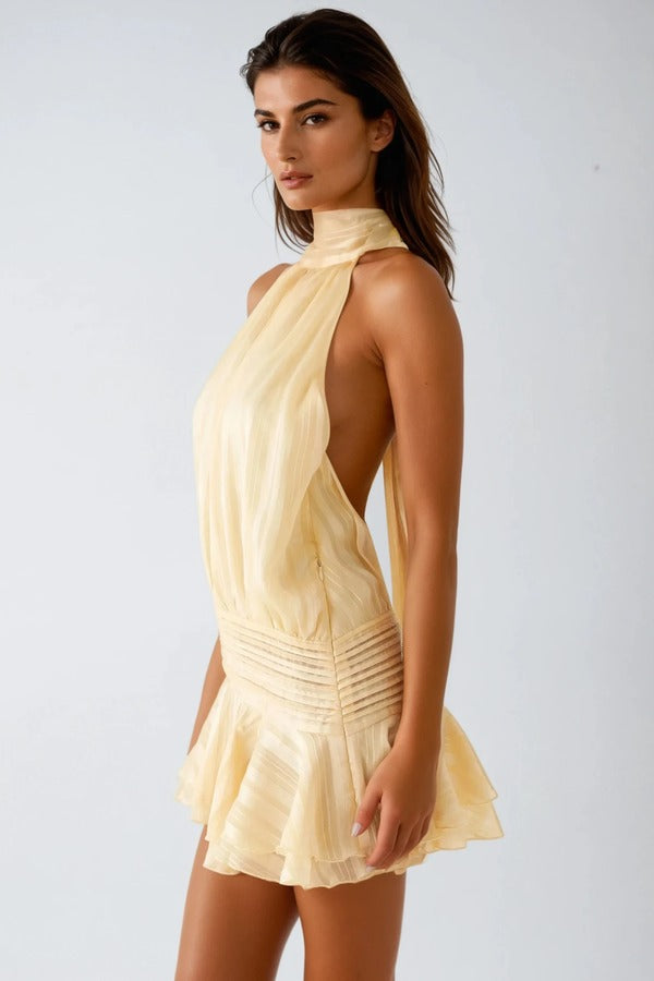 LOXY Halter Neck Yellow Ruch Ruffle Mini Dress