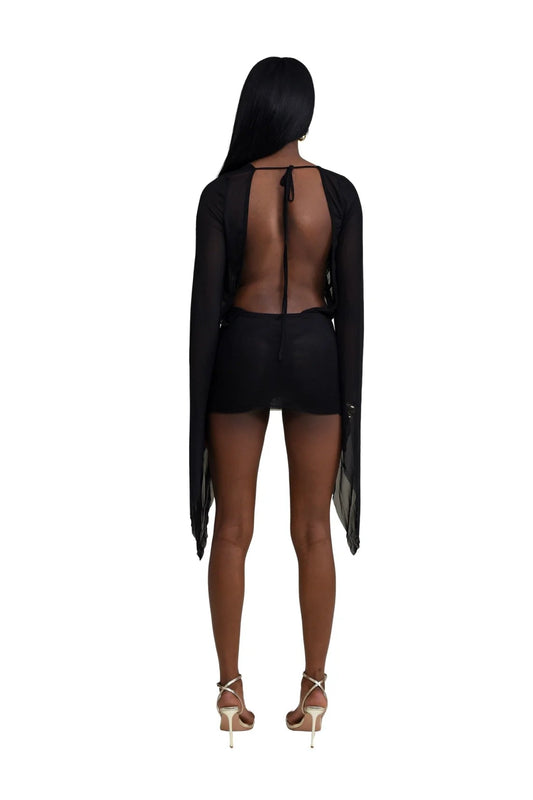 Ariana Black Sheer Wrap Mini Dress