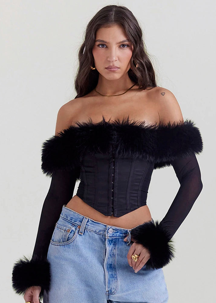 BLACK OFF-SHOULDER FUR CORSET TOP