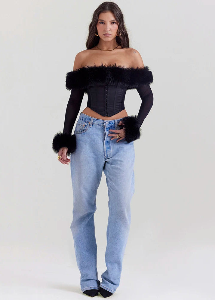 BLACK OFF-SHOULDER FUR CORSET TOP