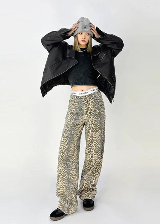 WASHED PANTHER / LEOPARD PRINT JEANS
