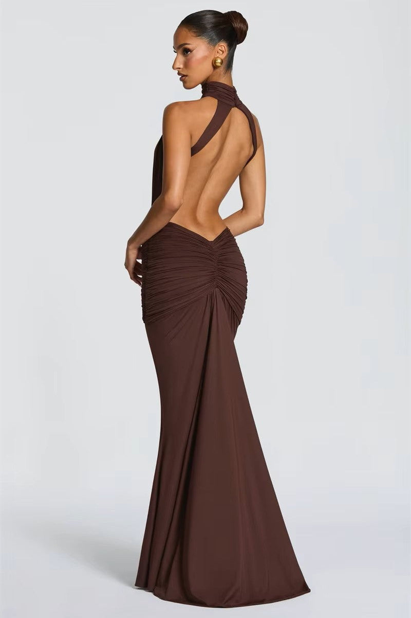 LELIA BROWN HALTER CUT-OUT RUCHED WAIST MAXI DRESS