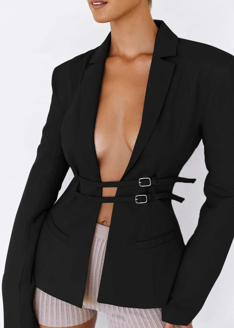 WAISTBAND DETAILED BLAZER - BLACK