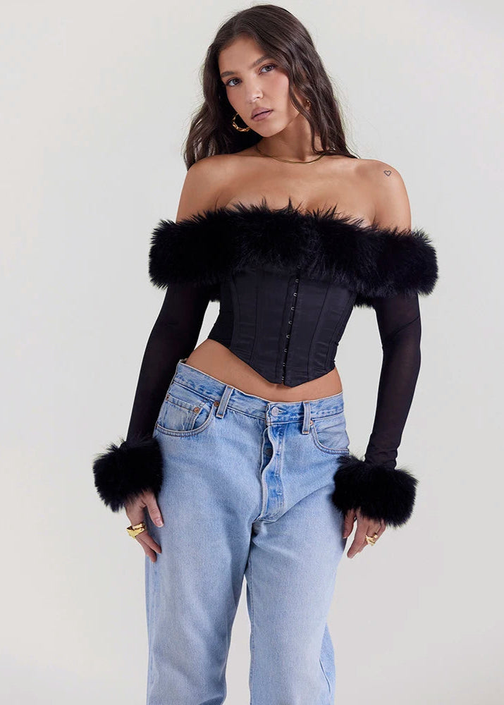 BLACK OFF-SHOULDER FUR CORSET TOP