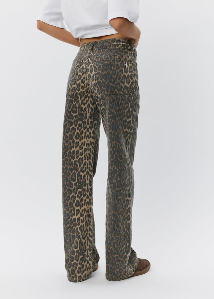 BROWN WASHED LEOPARD PRINT DENIM JEANS