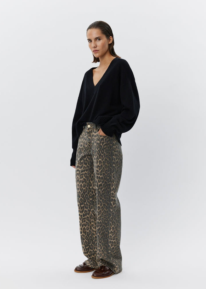 BROWN WASHED LEOPARD PRINT DENIM JEANS