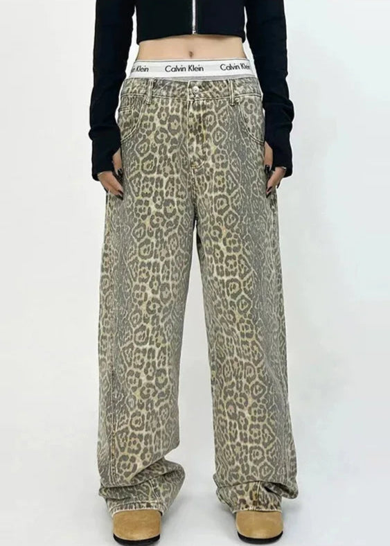 WASHED PANTHER / LEOPARD PRINT JEANS