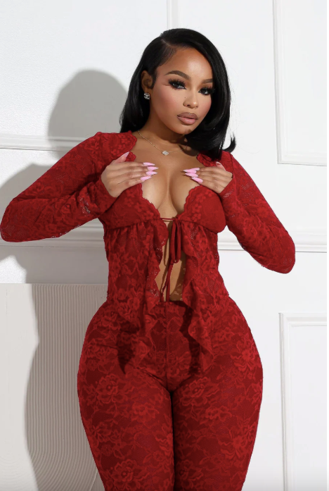 HAILY Red Lace Tie Front Top & Flared Pants Set