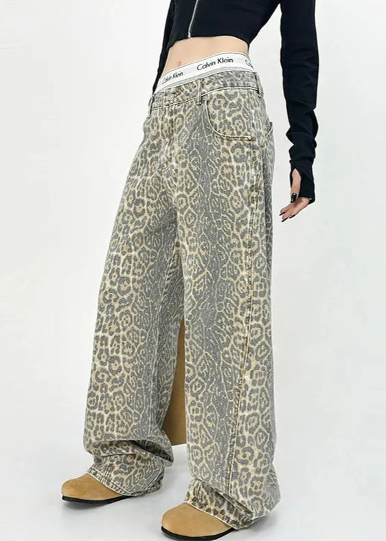 WASHED PANTHER / LEOPARD PRINT JEANS