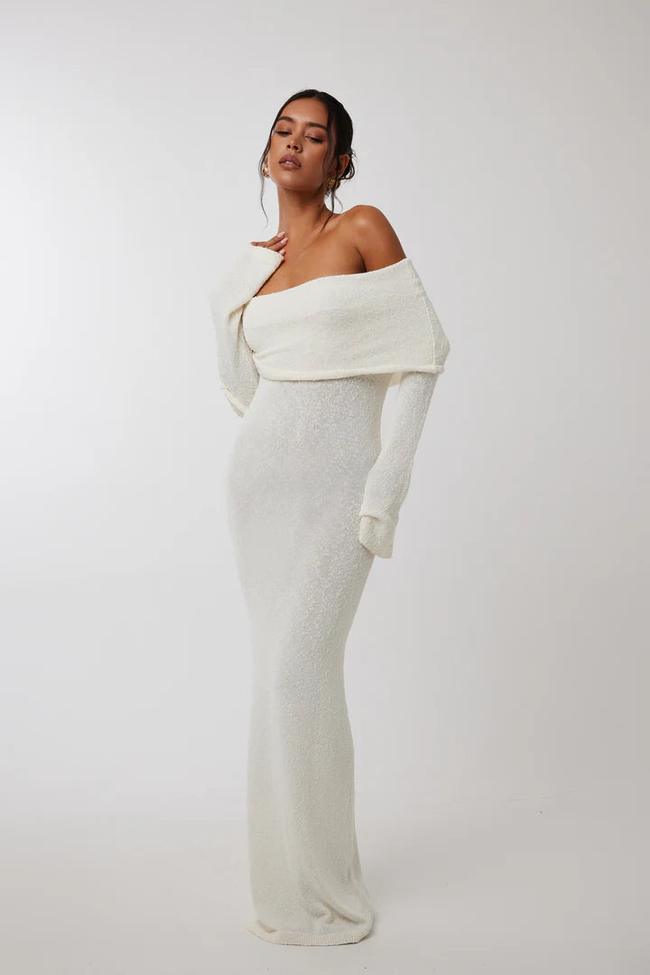 WHITE KNITTED OFF SHOULDER MAXI DRESS