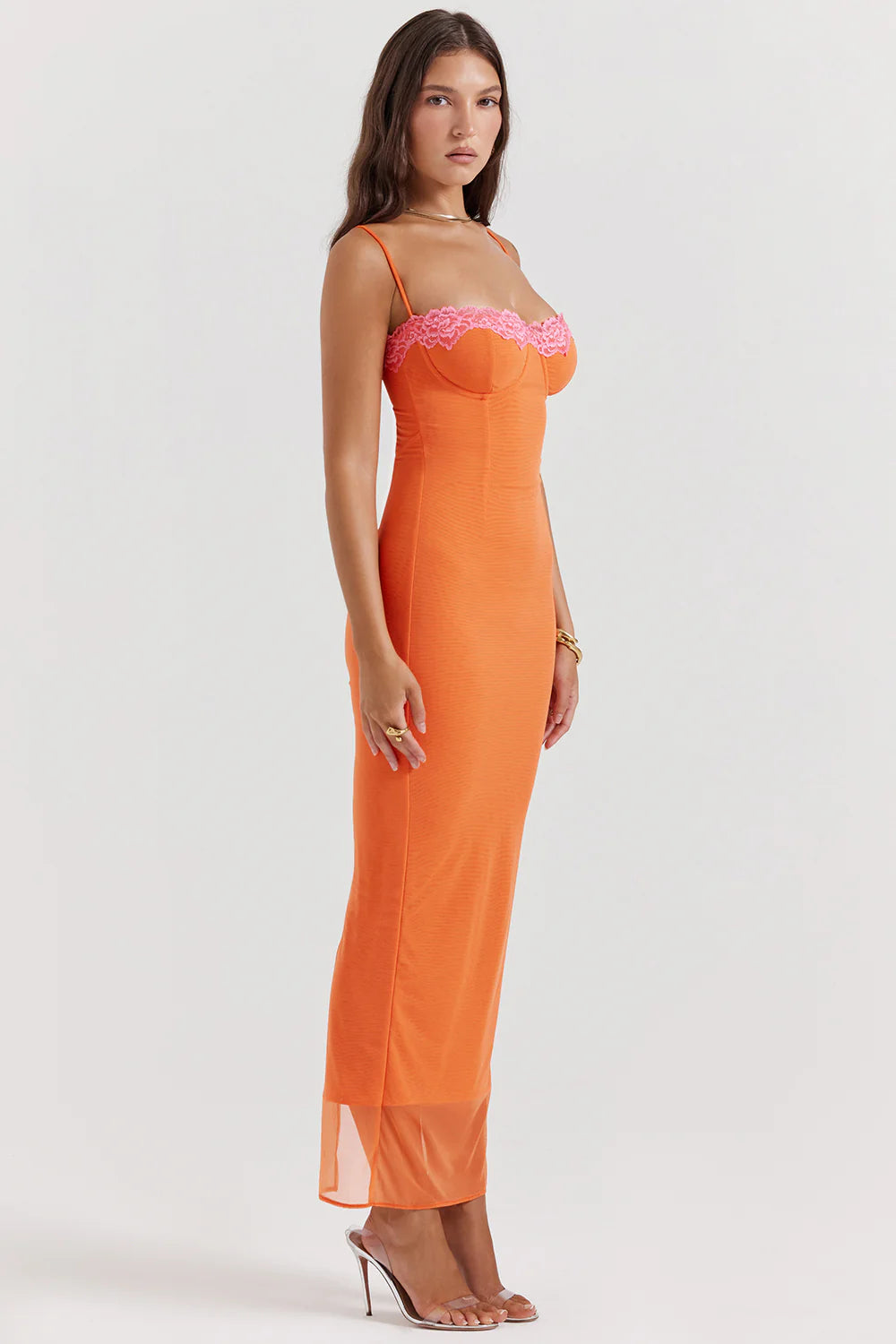 VIBRANT ORANGE AND PINK LACE MAXI DRESS