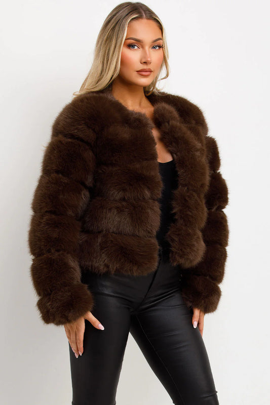 The Luxe Chocolate Brown Faux Fur Panel Jacket
