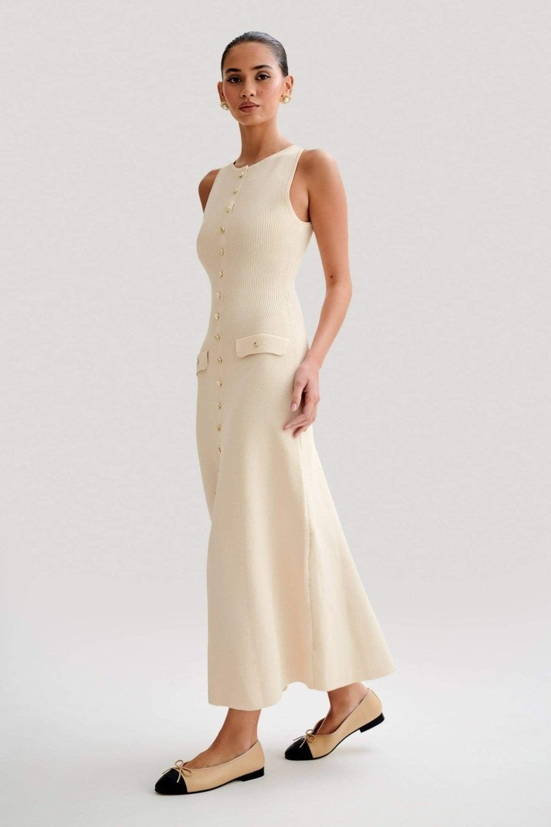 BUTTONED CREAM KNITTED MAXI DRESS