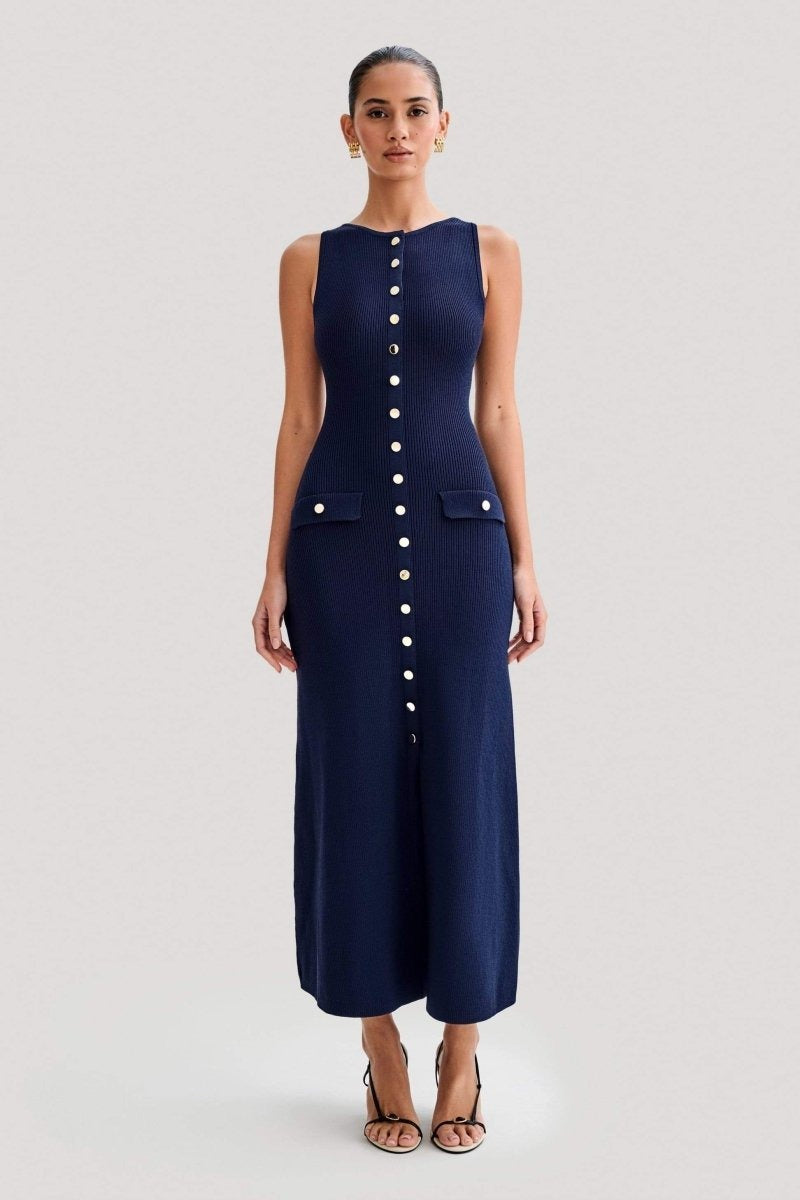 BUTTONED NAVY KNITTED MAXI DRESS