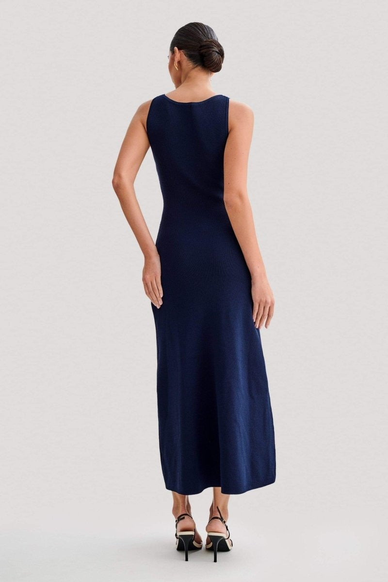 BUTTONED NAVY KNITTED MAXI DRESS