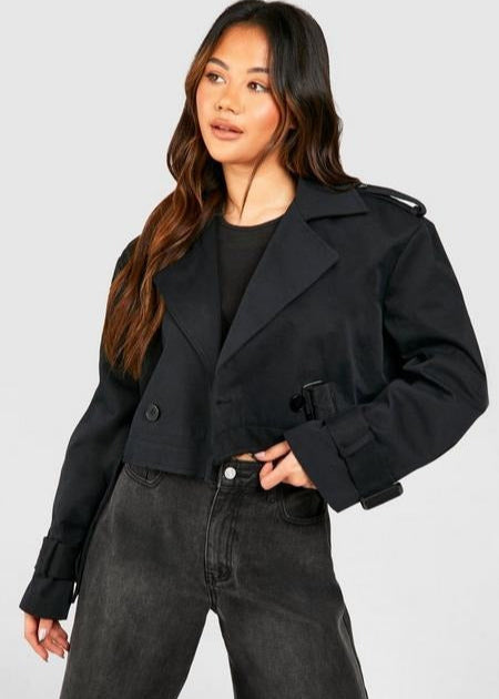 BLACK CROPPED TRENCH COAT
