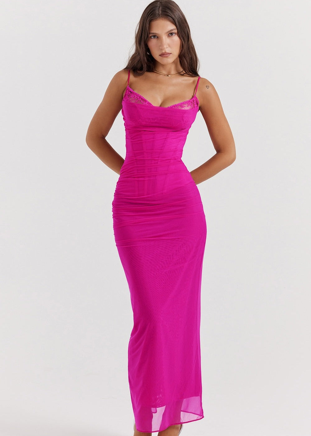 SERAPHINA PINK LACE MESH CORSET MAXI DRESS