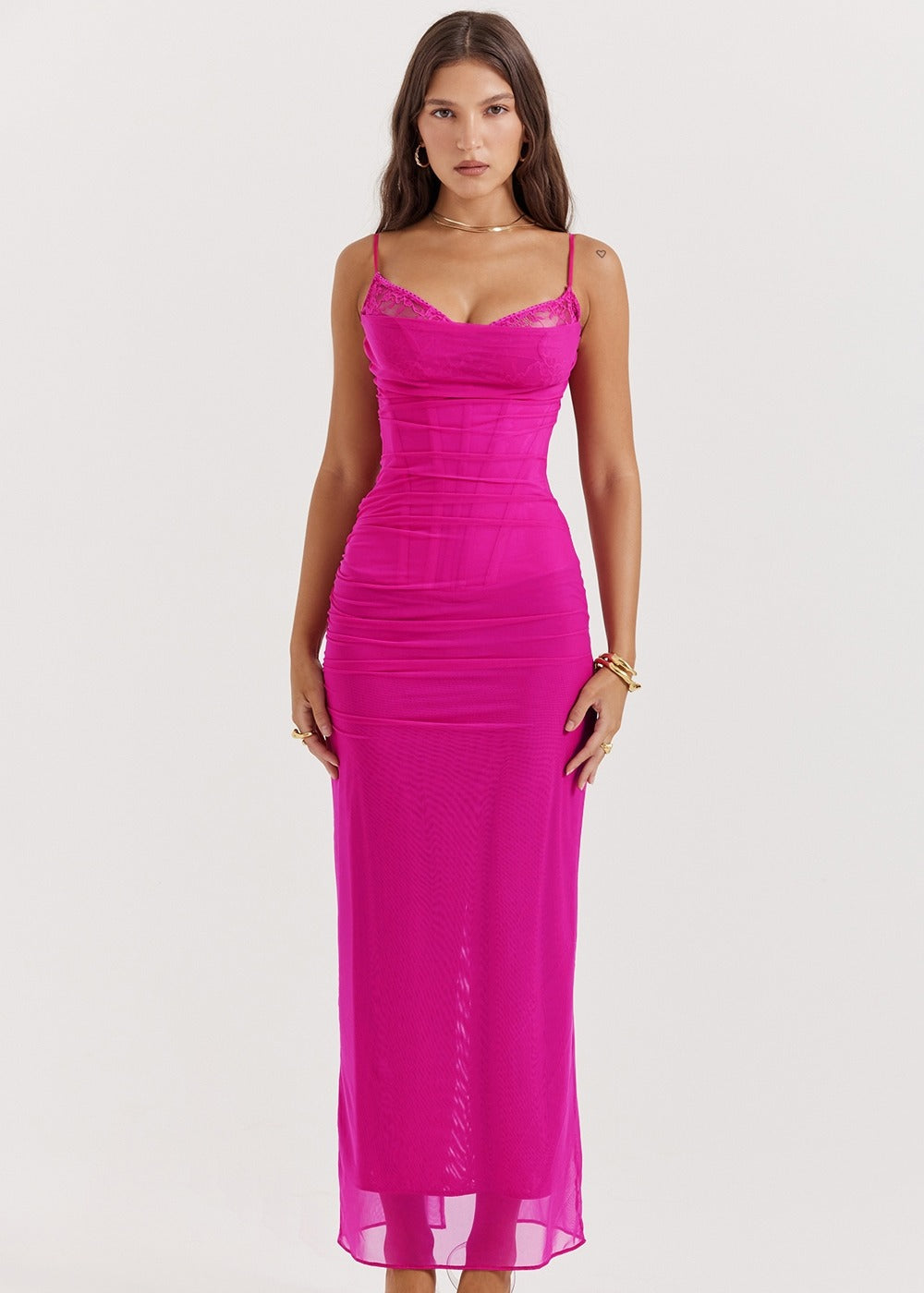 SERAPHINA PINK LACE MESH CORSET MAXI DRESS