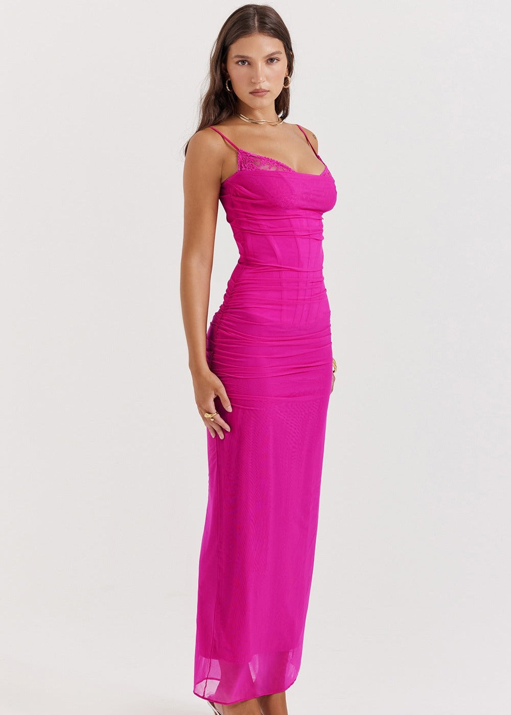 SERAPHINA PINK LACE MESH CORSET MAXI DRESS