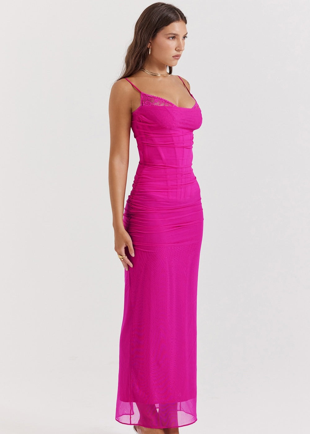 SERAPHINA PINK LACE MESH CORSET MAXI DRESS