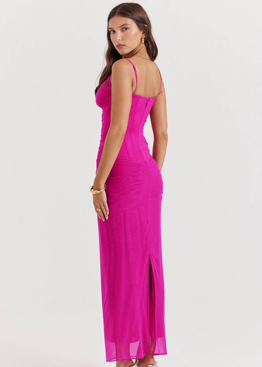 SERAPHINA PINK LACE MESH CORSET MAXI DRESS