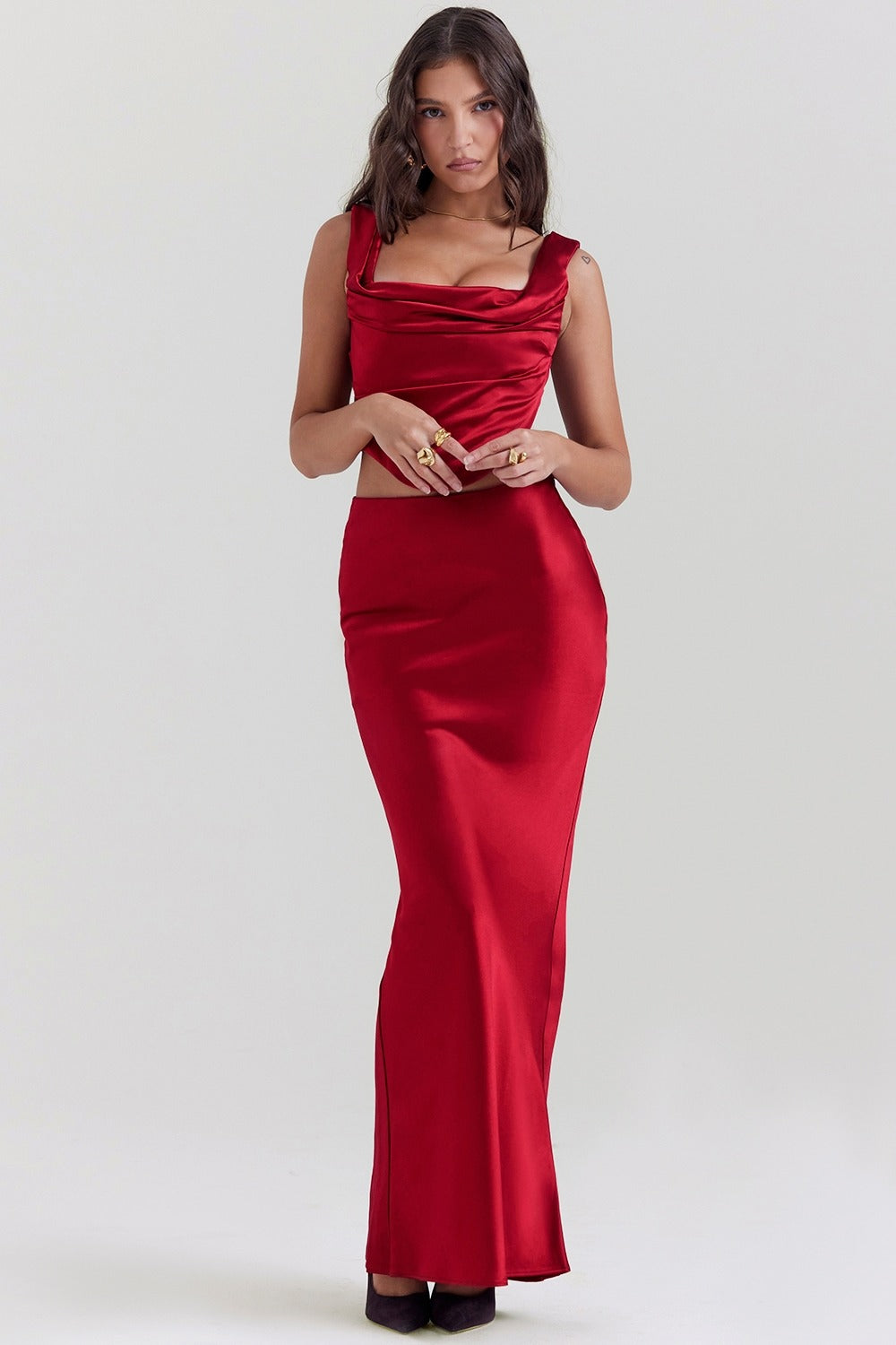 SAIRE RED SATIN CORSET SET