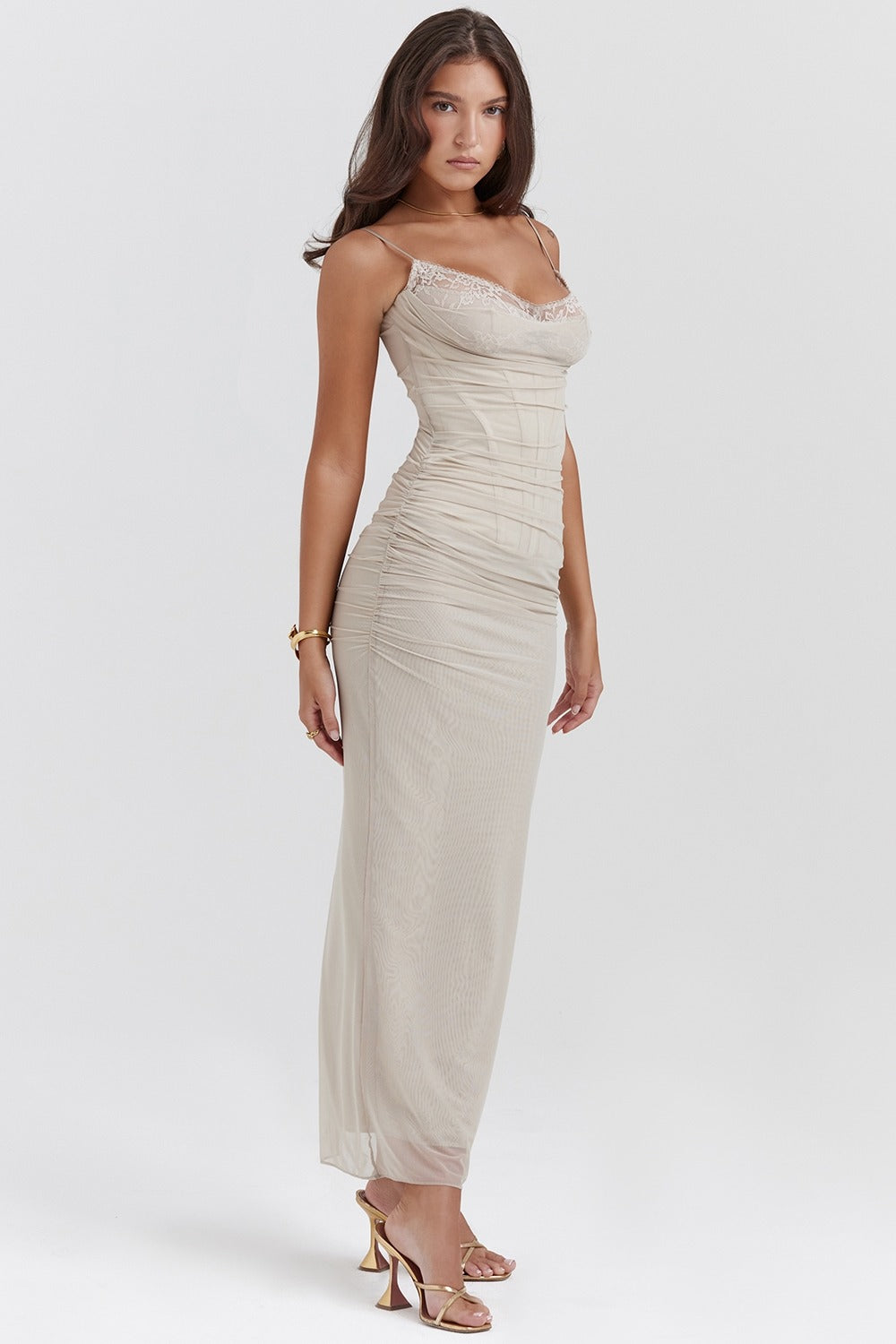 SERAPHINA BEIGE LACE MESH CORSET MAXI DRESS