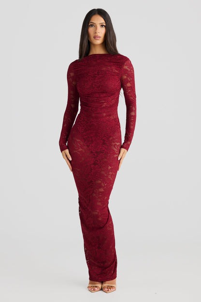Ophelia Red Lace Backless Maxi Dress