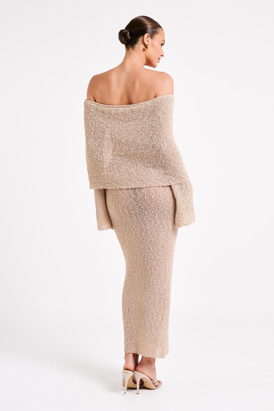 BEIGE KNITTED OFF SHOULDER MAXI DRESS