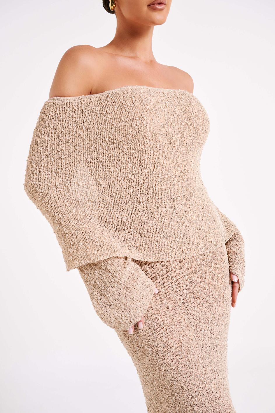 BEIGE KNITTED OFF SHOULDER MAXI DRESS